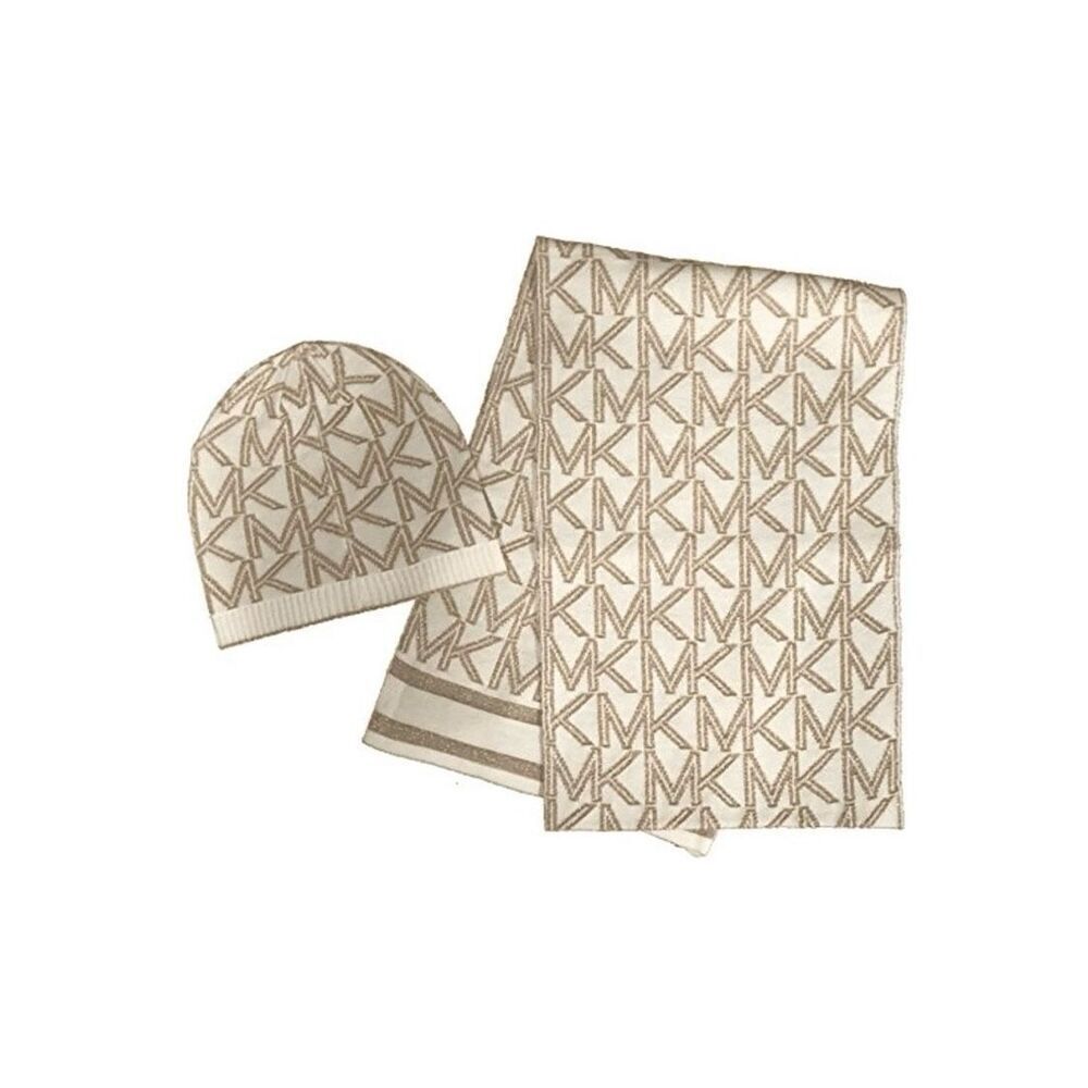 Michael Kors Women's Metallic Logo Muffler Scarf and Knit Beanie Set Cream/Gold,